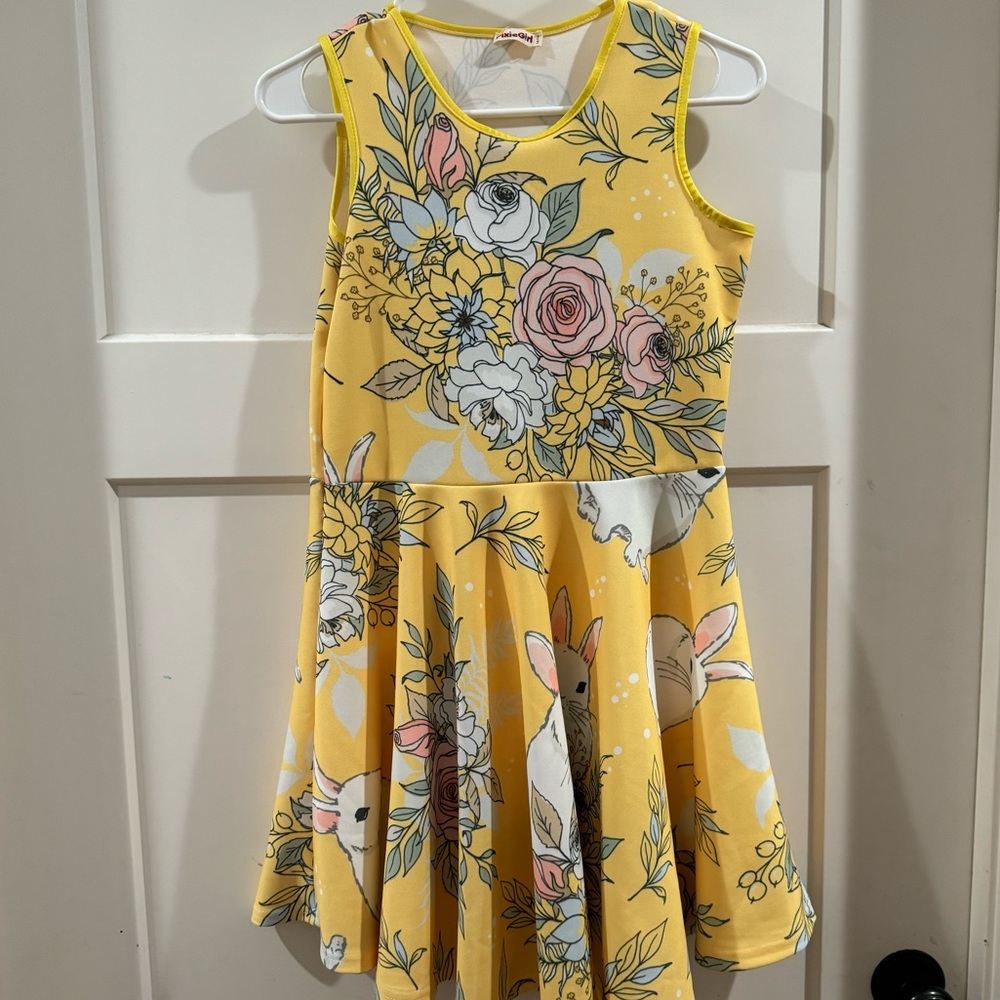 Pixie Girl Floral Spring Bunnies Easter Party Yellow Fit Flare Dress Size 14/16